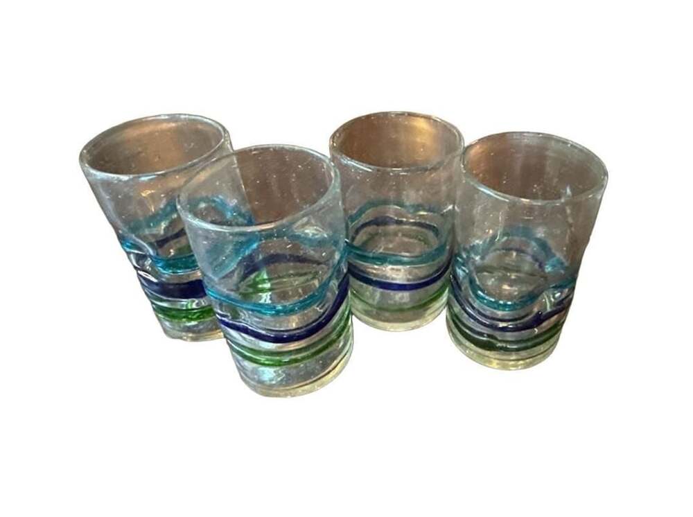 4 Mexican Handblown Recycled Glass Tumblers, Blue and Green Ring Stripes